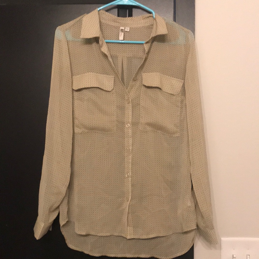 Olive/Brown patterned flouncy button up blouse